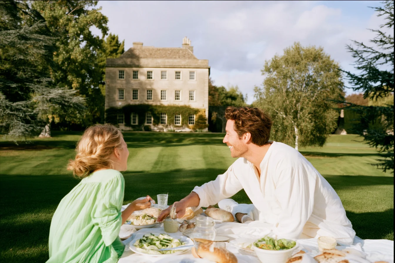 A couple having lunch on the lawn in front of a Cotswold house